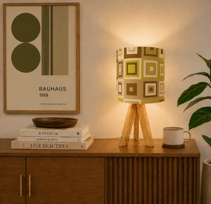 1960s Midcentury Retro Tripod Table Lamp: Green Beige Brown Linen Shade - retro table lamps