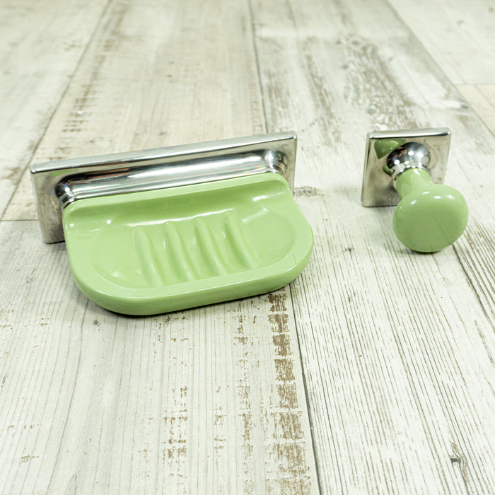 1970s green silver BATHROOM SET of soap dish and wall hook steel plastic