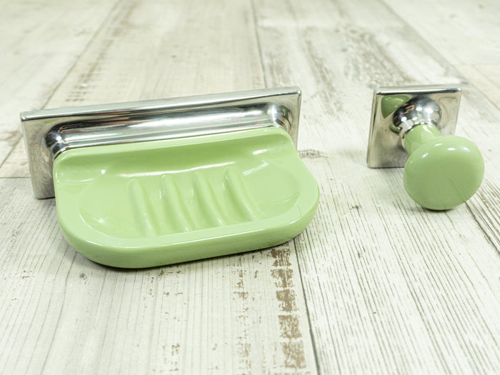 1970s green silver BATHROOM SET of soap dish and wall hook steel plastic