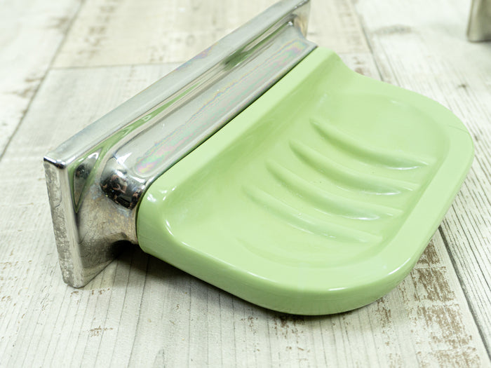 1970s green silver BATHROOM SET of soap dish and wall hook steel plastic