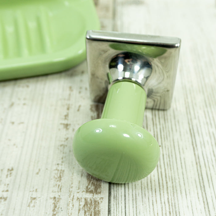1970s green silver BATHROOM SET of soap dish and wall hook steel plastic