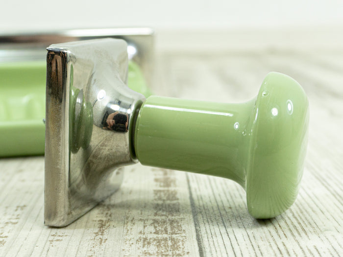 1970s green silver BATHROOM SET of soap dish and wall hook steel plastic