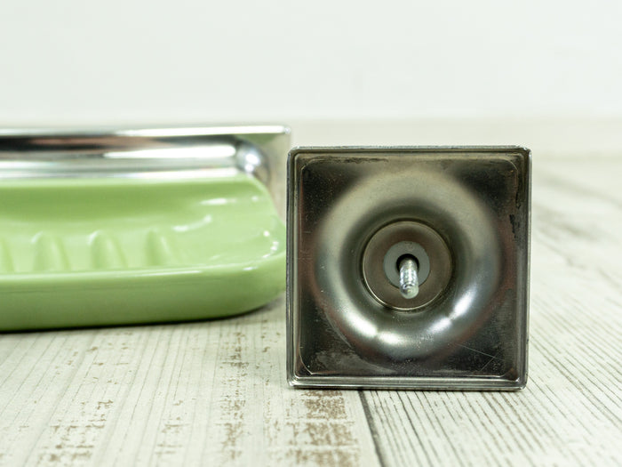 1970s green silver BATHROOM SET of soap dish and wall hook steel plastic