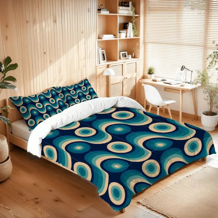70s Retro Comforter Set: Queen Size Blue Beige Vintage Pattern Microfiber Bedding - retro bedding