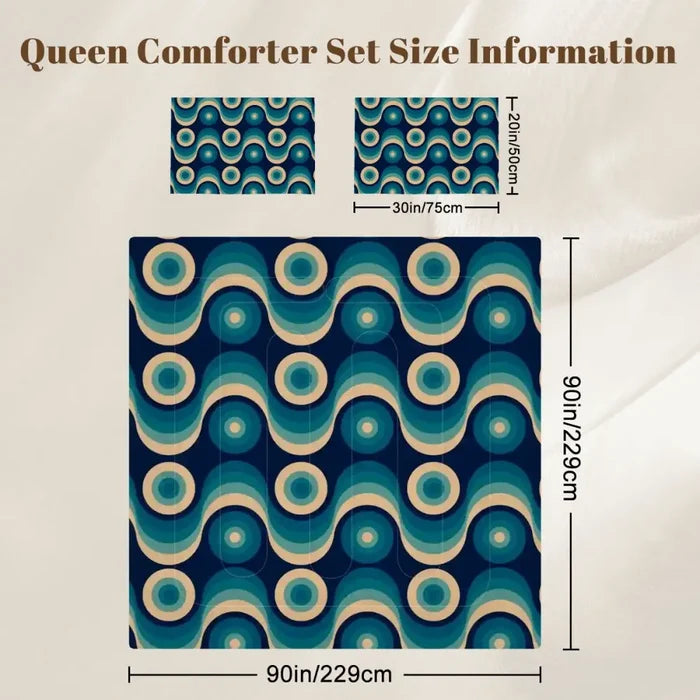 70s Retro Comforter Set: Queen Size Blue Beige Vintage Pattern Microfiber Bedding - retro bedding