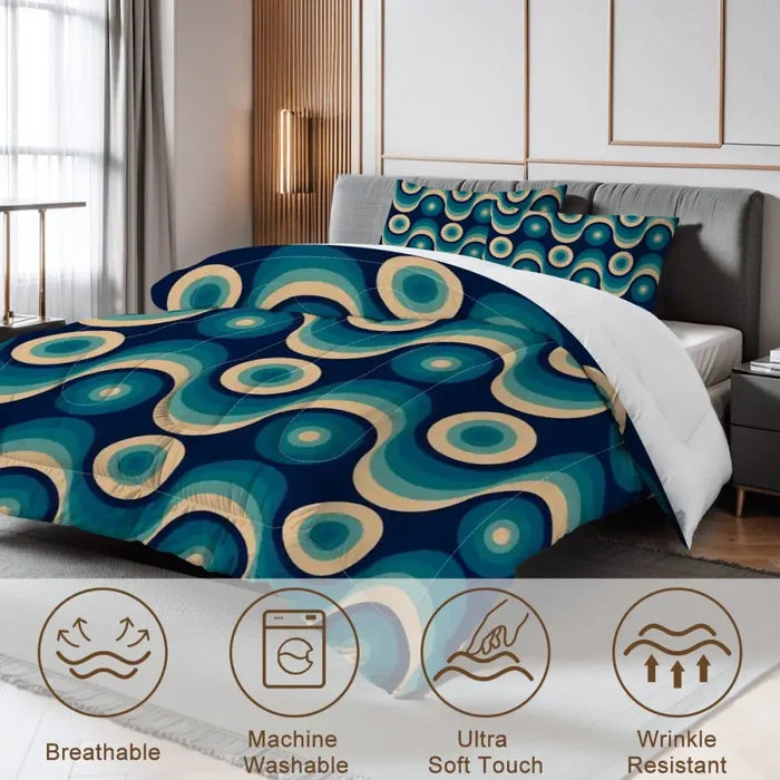 70s Retro Comforter Set: Queen Size Blue Beige Vintage Pattern Microfiber Bedding - retro bedding