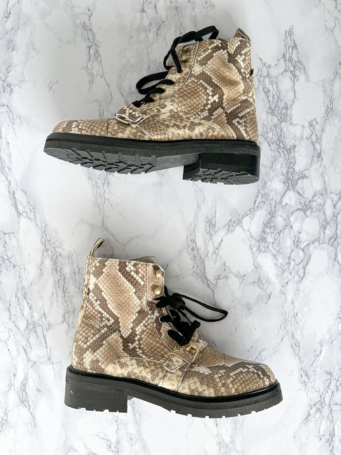ALLSAINTS Combat Snake Print Lace Zip Chunky Heel Ankle Donita Boots