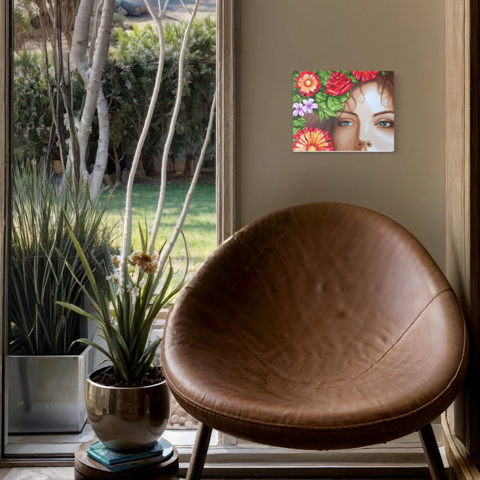 The artwork 'Amapola III' by Carlos Gamez de Francisco features a close-up composition adorned with vibrant red, orange, and pink floral elements against a cropped portrait. The acrylic on wood painting showcases delicate brushwork and bold color choices, measuring 16 x 20 inches. By Carlos Gamez de Francisco.