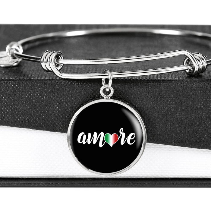 Amore with Black Circle Charm Bangle in Gold & Stainless Steel