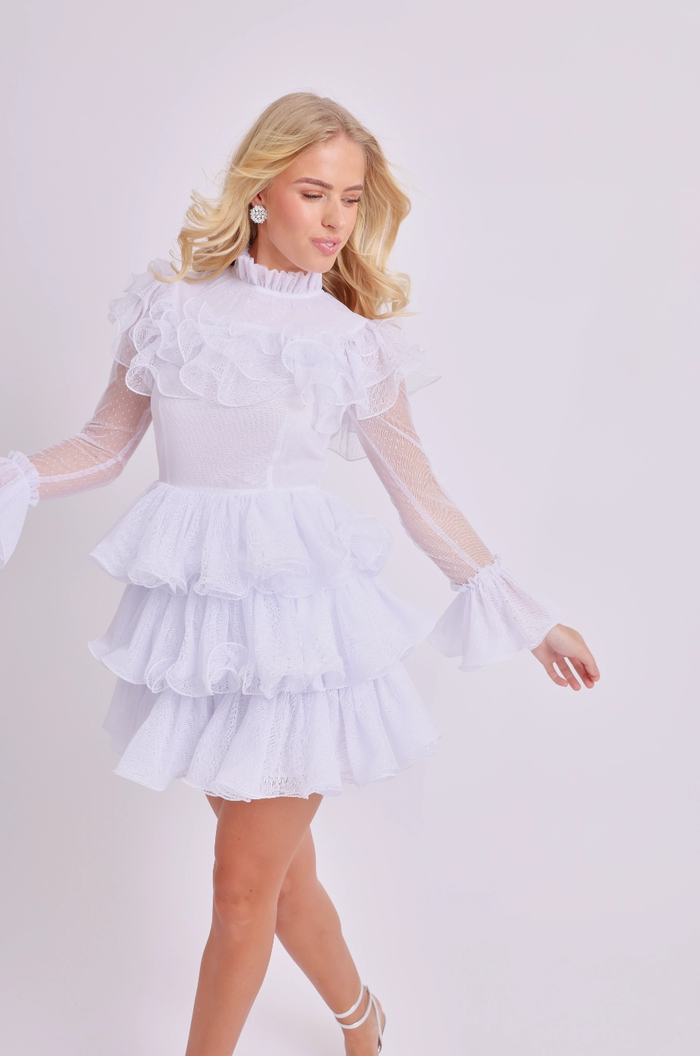 Amy Jane London White Long Sleeve Ruffle Tiered Detail Flared Evalina Mini Dress - House Of Huntington