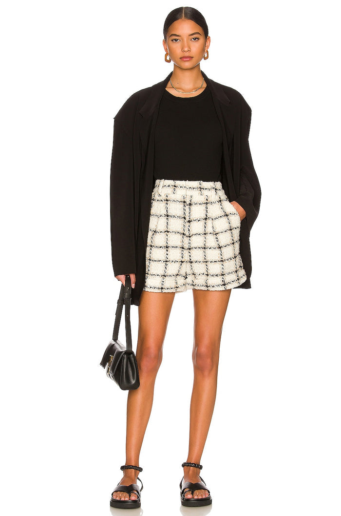 Anine Bing The Becky Tweed Cream Check Tailored High Waist Wool-Blend Shorts
