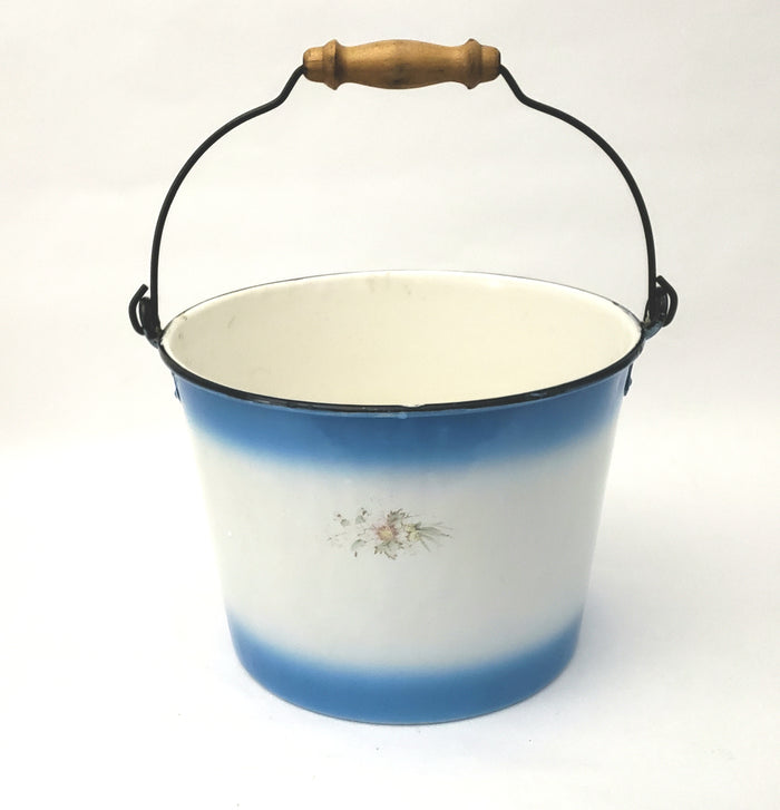 Antique Decorated Enamel Ware Bucket Blue & White with Flowers Wooden Grip - No Lid