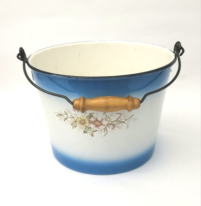 Antique Decorated Enamel Ware Bucket Blue & White with Flowers Wooden Grip - No Lid