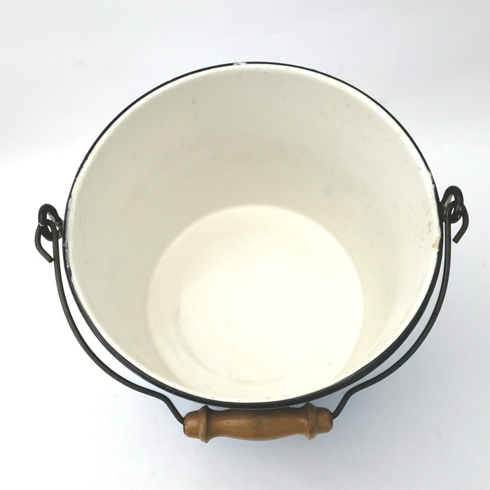 Antique Decorated Enamel Ware Bucket Blue & White with Flowers Wooden Grip - No Lid