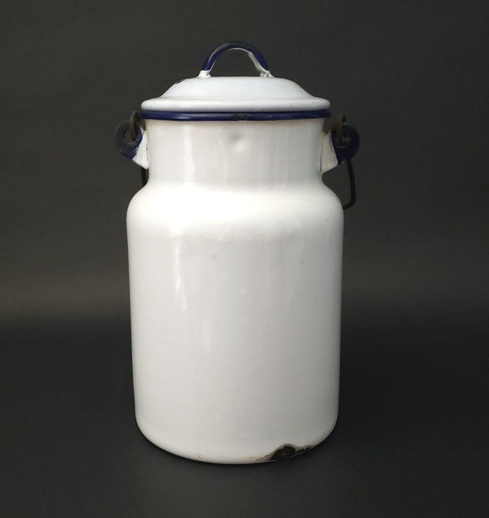 Antique Farmhouse White Enamelware Milk Pail Blue Trim and Wooden Grip Handle 2 Qt.