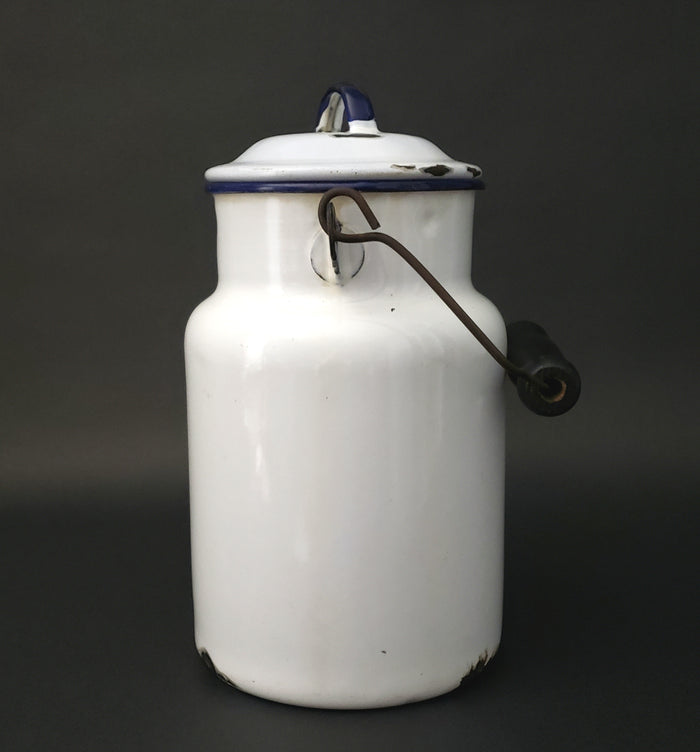 Antique Farmhouse White Enamelware Milk Pail Blue Trim and Wooden Grip Handle 2 Qt.