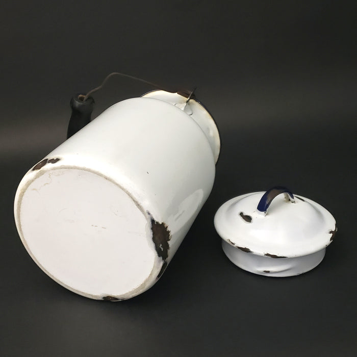 Antique Farmhouse White Enamelware Milk Pail Blue Trim and Wooden Grip Handle 2 Qt.