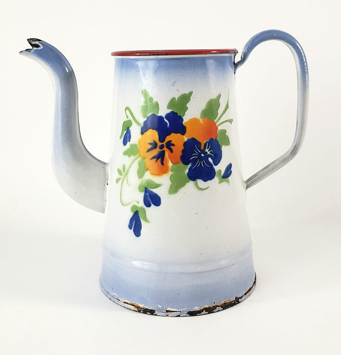 Antique French Enamelware Coffee Pot Gooseneck Spout Pansies No Lid