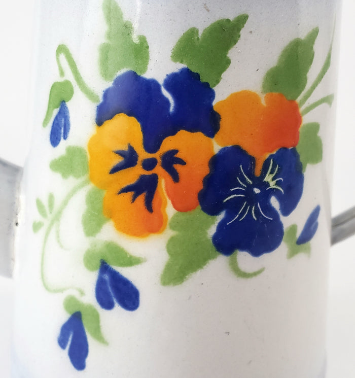 Antique French Enamelware Coffee Pot Gooseneck Spout Pansies No Lid