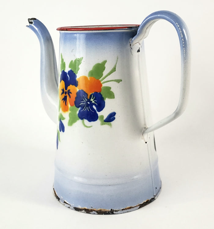 Antique French Enamelware Coffee Pot Gooseneck Spout Pansies No Lid