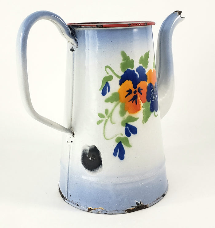 Antique French Enamelware Coffee Pot Gooseneck Spout Pansies No Lid