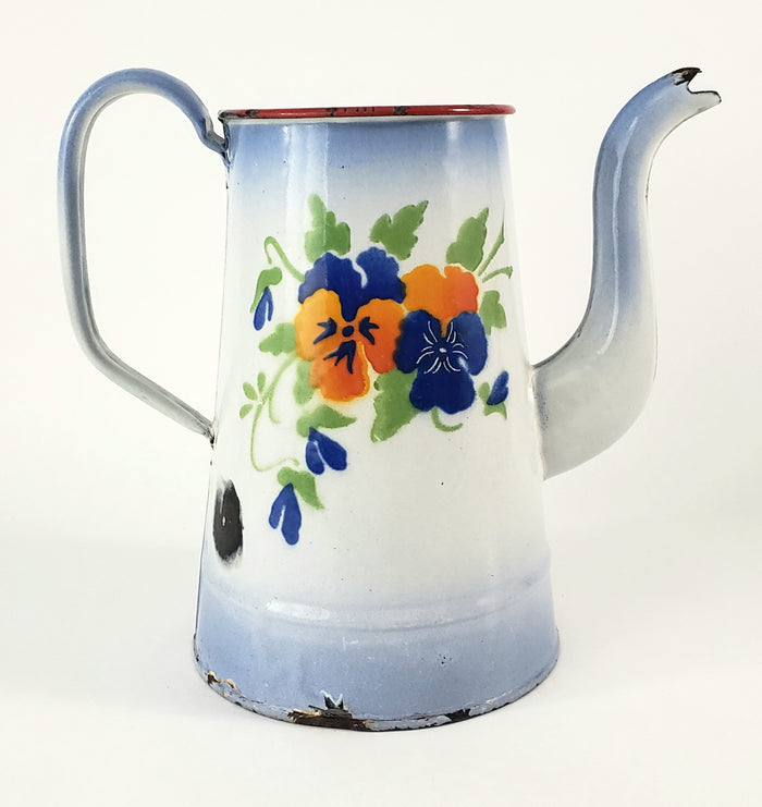 Antique French Enamelware Coffee Pot Gooseneck Spout Pansies No Lid
