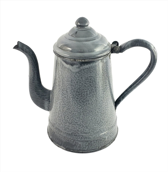 Antique Gray Graniteware Gooseneck Coffee Pot Hinged Lid