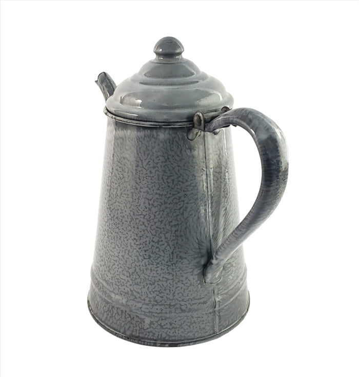 Antique Gray Graniteware Gooseneck Coffee Pot Hinged Lid