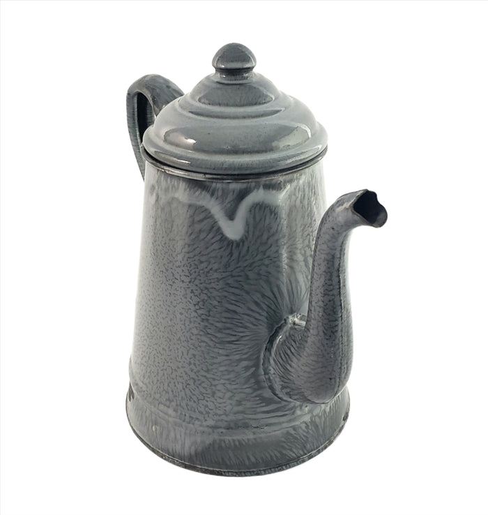 Antique Gray Graniteware Gooseneck Coffee Pot Hinged Lid