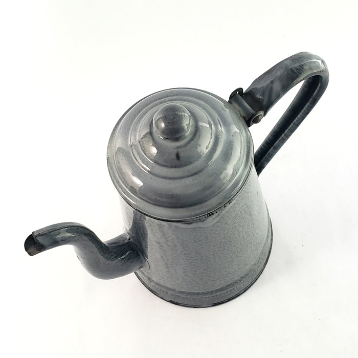 Antique Gray Graniteware Gooseneck Coffee Pot Hinged Lid