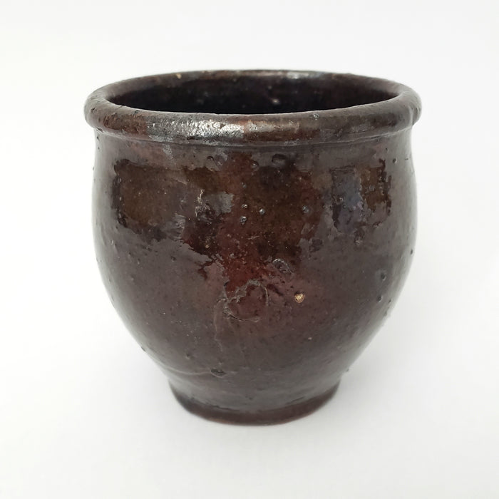 Antique Hand Thrown Small Glazed Redware Crock Dark Brown