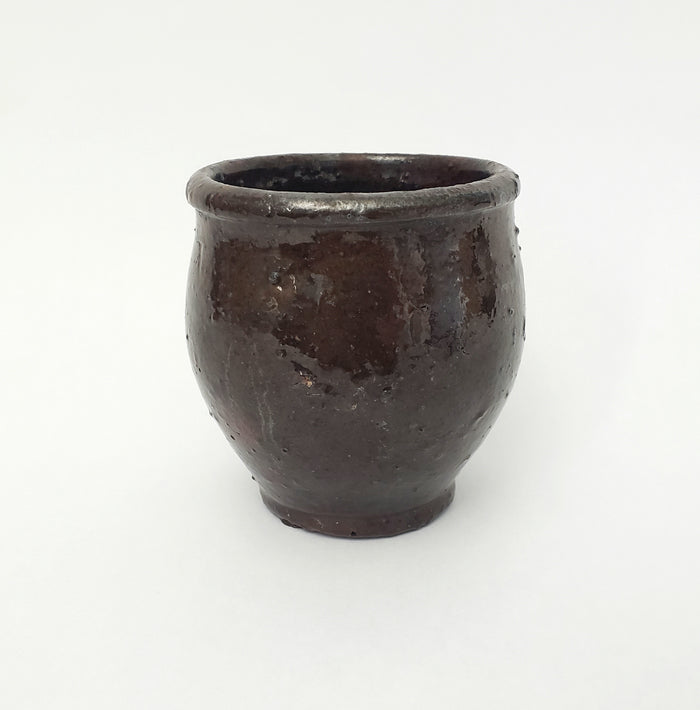 Antique Hand Thrown Small Glazed Redware Crock Dark Brown