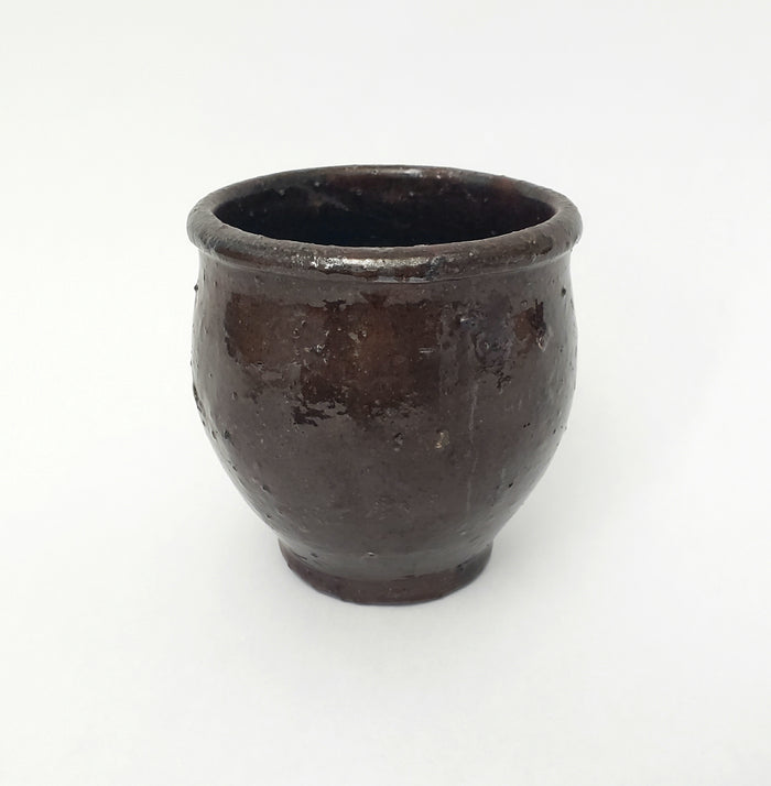 Antique Hand Thrown Small Glazed Redware Crock Dark Brown