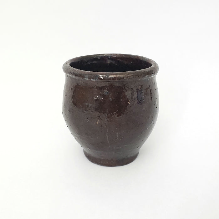 Antique Hand Thrown Small Glazed Redware Crock Dark Brown