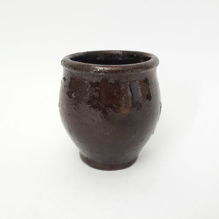 Antique Hand Thrown Small Glazed Redware Crock Dark Brown