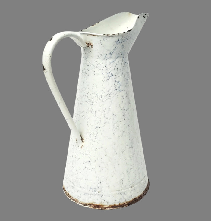 Antique Large 15" French Enamelware Pitcher Blue Swirl Marble