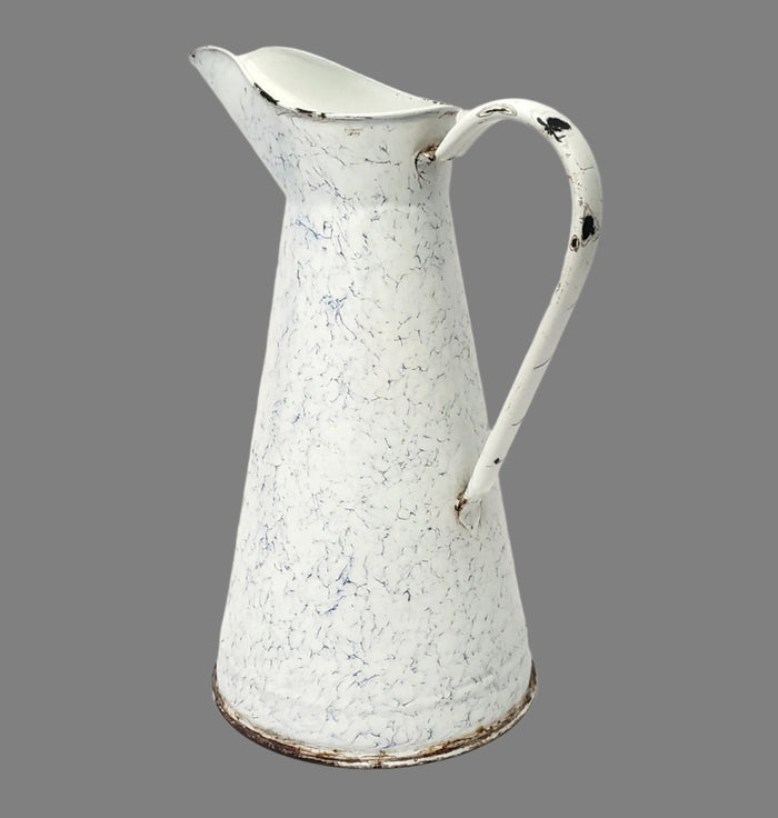 Antique Large 15" French Enamelware Pitcher Blue Swirl Marble