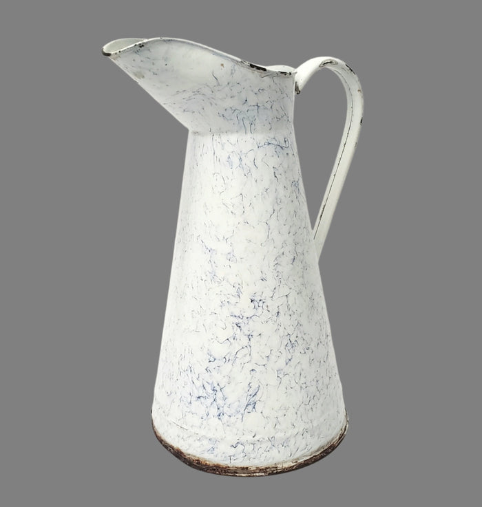 Antique Large 15" French Enamelware Pitcher Blue Swirl Marble