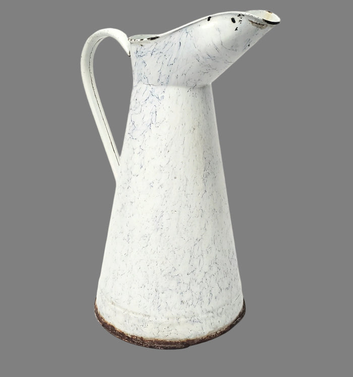 Antique Large 15" French Enamelware Pitcher Blue Swirl Marble