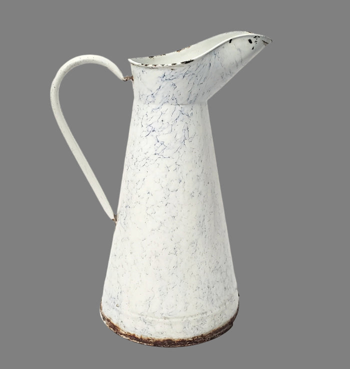 Antique Large 15" French Enamelware Pitcher Blue Swirl Marble