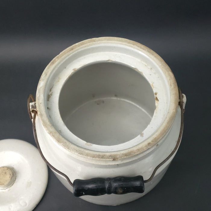 Antique Stoneware Crock with Lid Bail Handle Black Wood Grip 1 Gallon