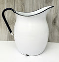 Antique White Enamelware Pitcher Dark Blue Handle & Rim 8"