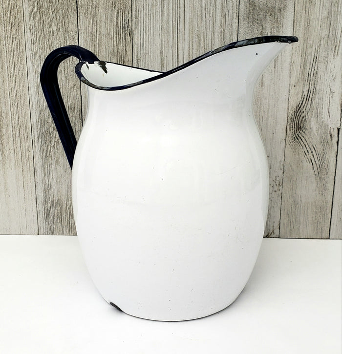 Antique White Enamelware Pitcher Dark Blue Handle & Rim 8"