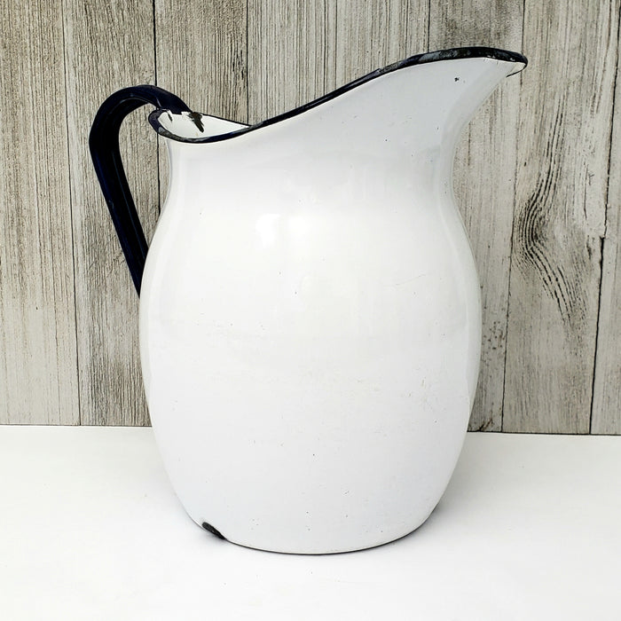 Antique White Enamelware Pitcher Dark Blue Handle & Rim 8"