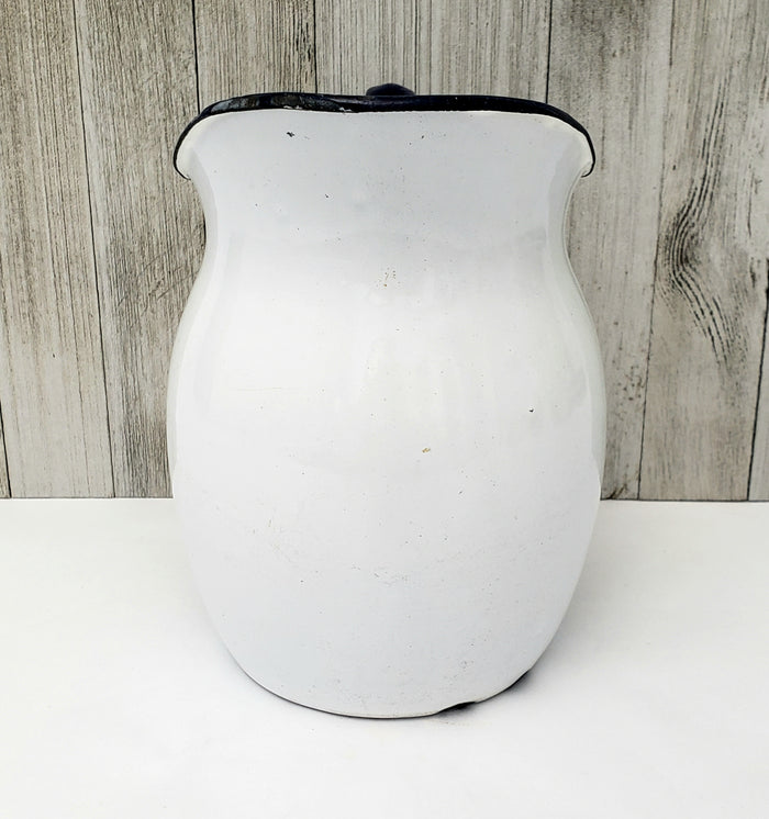 Antique White Enamelware Pitcher Dark Blue Handle & Rim 8"