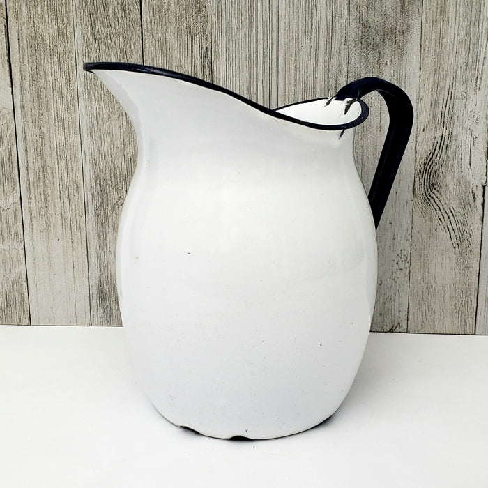 Antique White Enamelware Pitcher Dark Blue Handle & Rim 8"