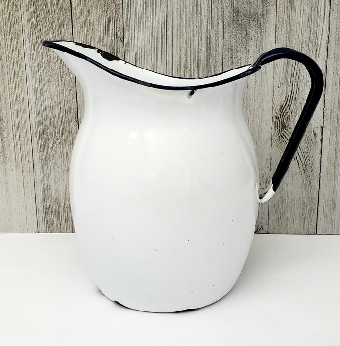 Antique White Enamelware Pitcher Dark Blue Handle & Rim 8"
