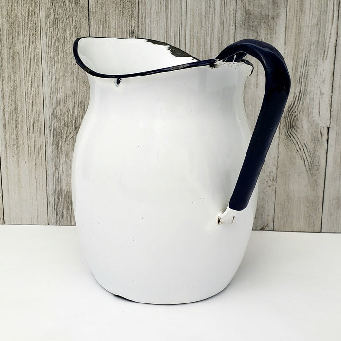 Antique White Enamelware Pitcher Dark Blue Handle & Rim 8"