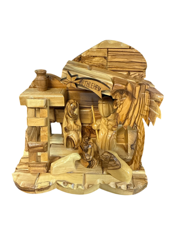 Bethlehem Banner Olive Wood Nativity – Hand-Carved in the Holy Land