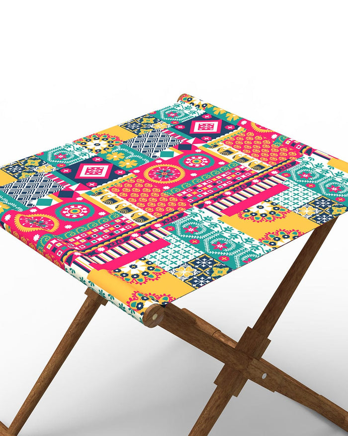 Chumbak Bistro Folding Bench - Floral Swirls Red